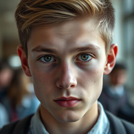 Close-up portrait of a handsome teenage boy with blue eyes and blond hairの素材