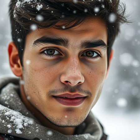 Portrait of a handsome young man in the winter forest. Men's beauty, fashion.の素材