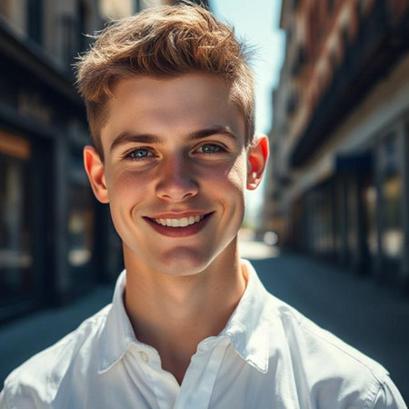 Portrait of a handsome young man in a white shirt on the streetの素材