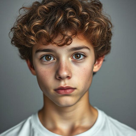 Portrait of a young boy with curly hair. Studio shot.の素材