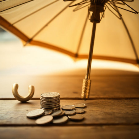 Coins and umbrella on wooden background, business and finance concept.の素材