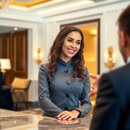 Smiling young woman talking to receptionist in hotel lobby, copy spaceの素材