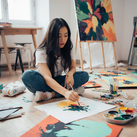 Beautiful young Asian woman painting on canvas in art studio.の素材