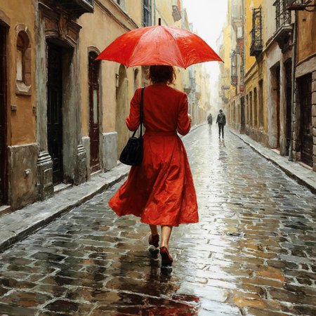 Woman in red dress with umbrella walking on the street in rainy dayの素材