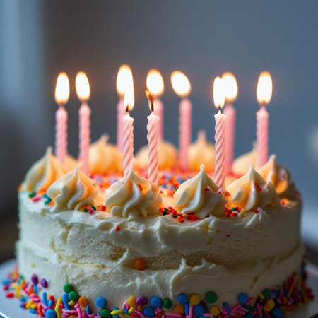 Birthday cake with candles and colorful sprinkles on a gray backgroundの素材