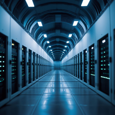 network server room data center with racks for storing and accessing computer dataの素材