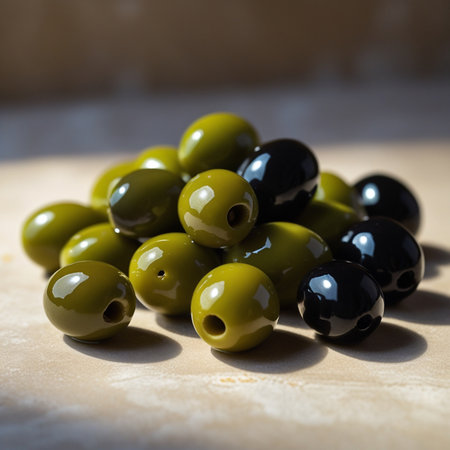Green olives in bowl on wooden table. Selective focus.の素材