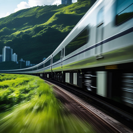 High speed train in motion blur with green mountain and blue sky backgroundの素材
