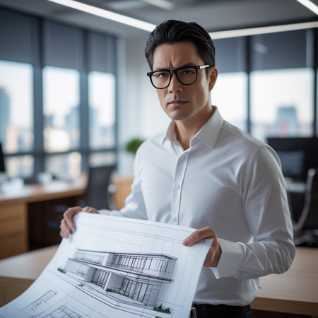 Serious young man in eyeglasses holding blueprint while standing in officeの素材