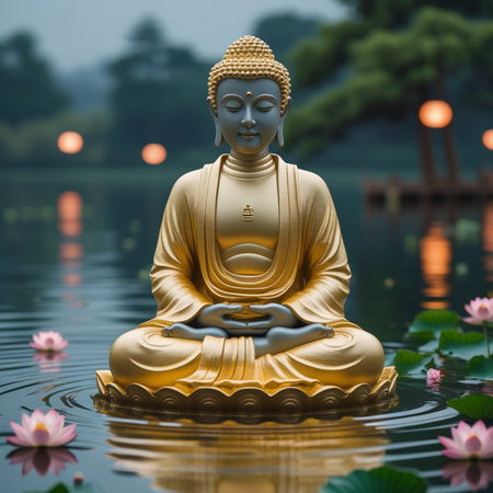 Buddha statue in the pond with lotus flower background.の素材