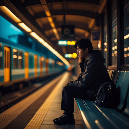 Young man sitting on the platform of a train station at night.の素材
