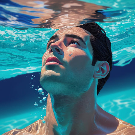 Portrait of a young man in swimming pool. 3d renderingの素材