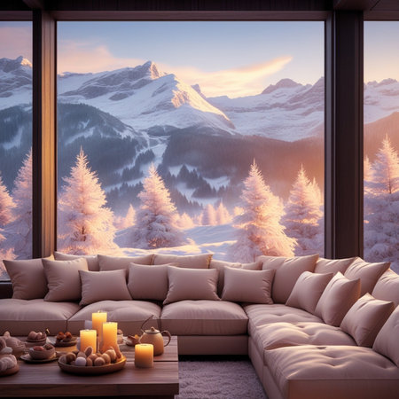 Interior of modern living room with winter mountains view, sofa and candles, 3d renderの素材