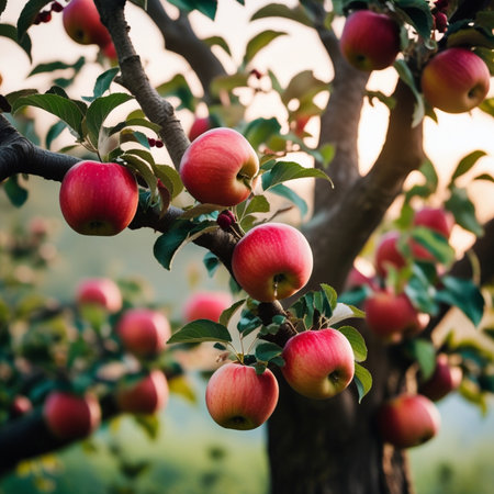 Apple tree with ripe red apples in orchard. Shallow depth of fieldの素材