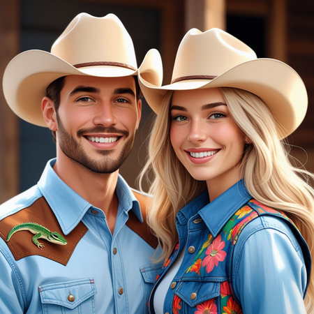 Portrait of a beautiful young couple wearing cowboy hats and smiling.の素材