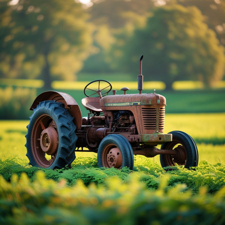 Old tractor on the field. Tractor in the field. Agricultural machinery.の素材