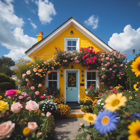 Beautiful yellow house decorated with flowers in the garden on a sunny dayの素材