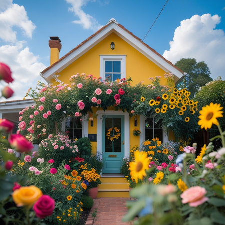 Colorful flowers in front of a yellow house on a sunny dayの素材