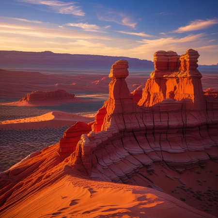 Sandstone formations in Goblin Valley State Park at sunset, Utah, USAの素材