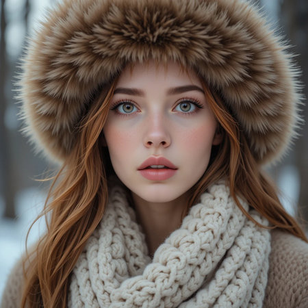 Winter portrait of a beautiful young woman in a fur coat with a hood.の素材
