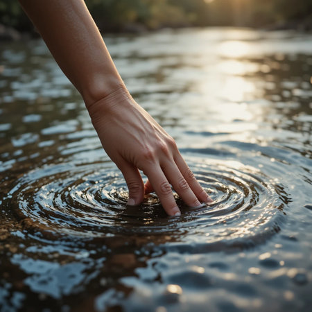 Hand of a young woman holding a drop of water in a riverの素材