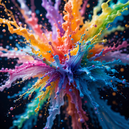 Colorful paint splashes isolated on black background. 3d renderingの素材