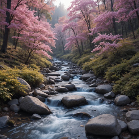 Cherry blossoms and river in the park, Chiang Mai, Thailandの素材