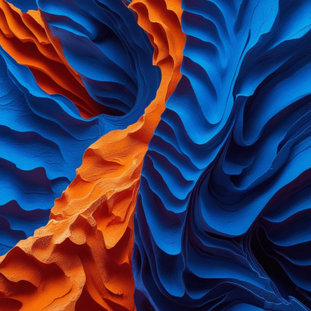 Abstract 3d rendering of blue and orange wavy surface. Futuristic backgroundの素材