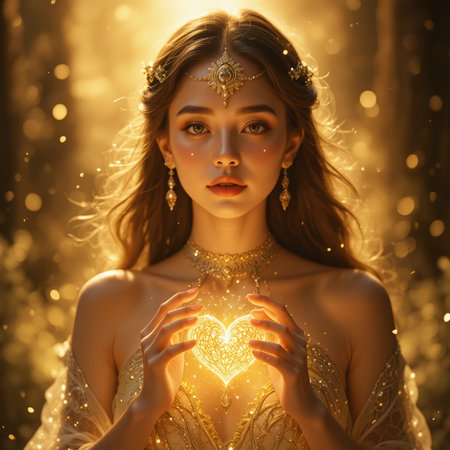 Portrait of a beautiful young woman in a golden dress with a heart in her handsの素材