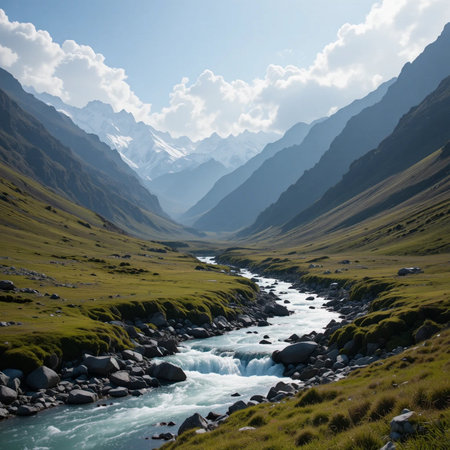 Mountain landscape with a small river in the foreground, Himalayas, Nepalの素材