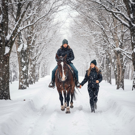 Young couple riding a horse on a snowy winter day in the parkの素材