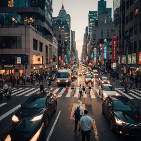 Pedestrians cross the street in New York City.の素材