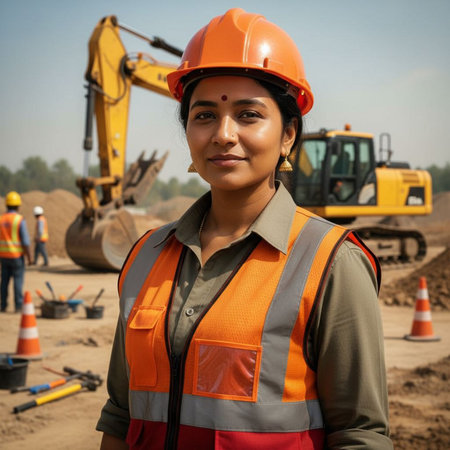 Portrait of a young female construction worker on a road construction siteの素材