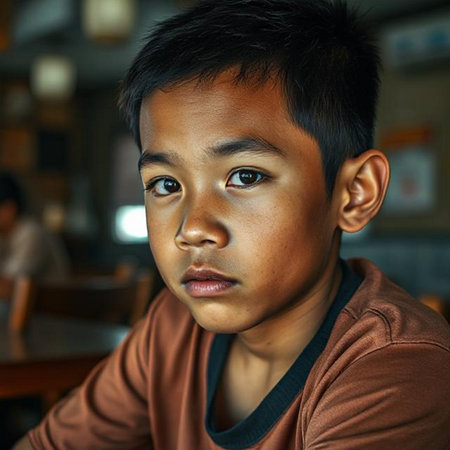 Portrait of a young Asian boy in a coffee shop.の素材