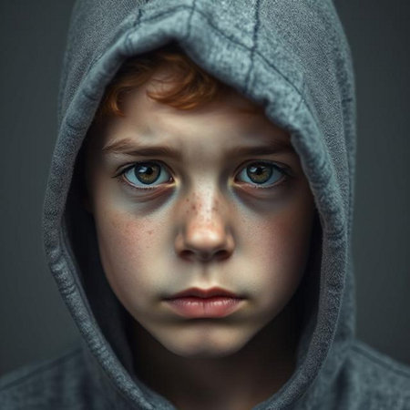 Close-up portrait of a little boy in a gray hoodieの素材