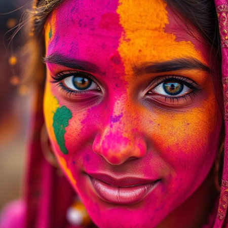 Holi festival in Varanasi, Uttar Pradesh, India. Portrait of a young Indian girl with painted faceの素材
