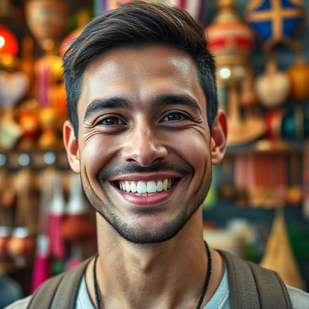 Portrait of smiling young Indian man looking at camera in shopの素材
