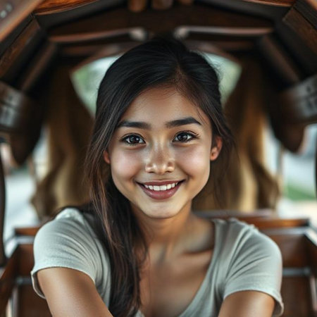 Portrait of a beautiful young Asian woman smiling and looking at cameraの素材
