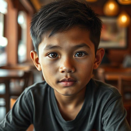 Portrait of a young boy in a restaurant, looking at cameraの素材
