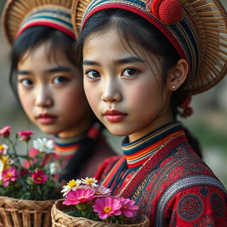 Unidentified Hmong girls in traditional dress in Kanchanaburi, Thailand.の素材