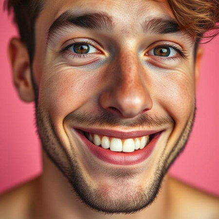 Close-up portrait of a young man smiling. Studio shot over pink background.の素材