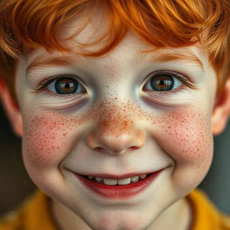 Portrait of a red-haired boy with freckles on his faceの素材