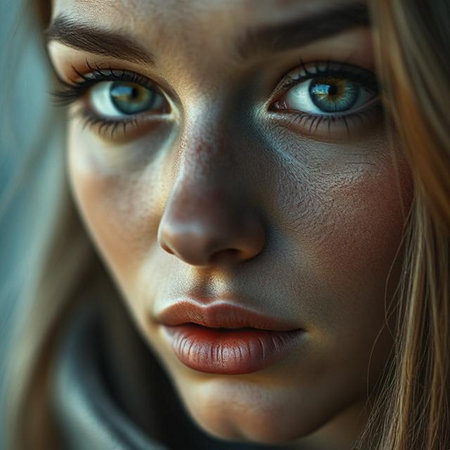 Close-up portrait of a beautiful young woman with blue eyes.の素材