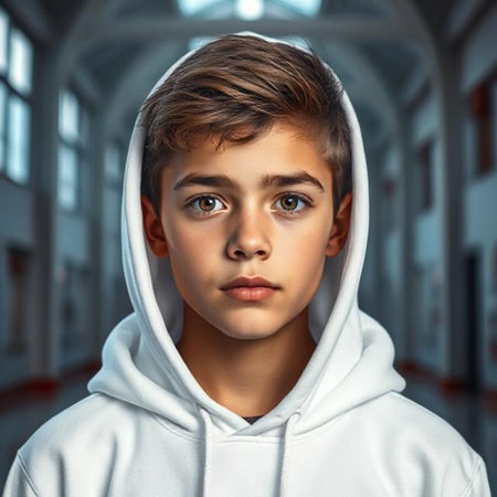Portrait of a boy in a white hoodie. Portrait of a boy in a white hood.の素材