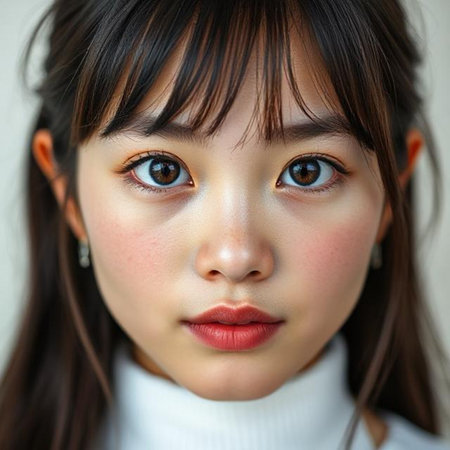 Portrait of a beautiful Asian girl with blue eyes looking at cameraの素材