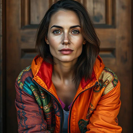 Portrait of a beautiful brunette woman in an orange jacket.の素材