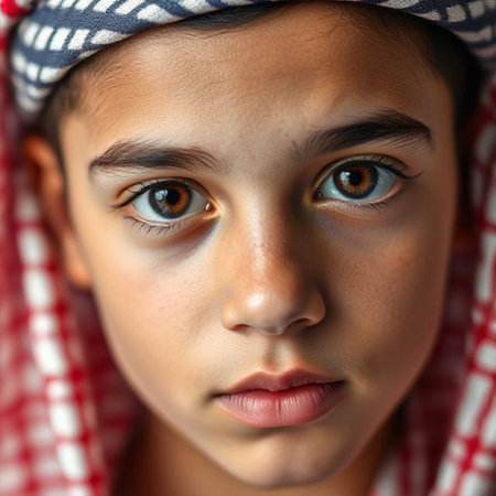 Portrait of a young Arabic boy with blue eyes.の素材