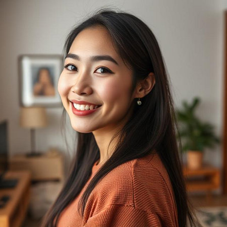 Portrait of a beautiful Asian woman smiling and looking at cameraの素材