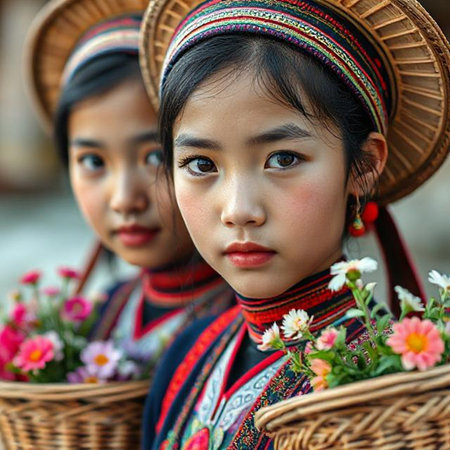 Portrait of a beautiful little girl in a national costume with a basket of flowersの素材