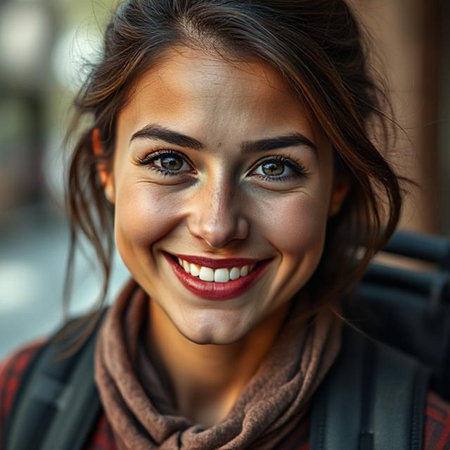 Close up portrait of a beautiful young woman with backpack smiling at cameraの素材